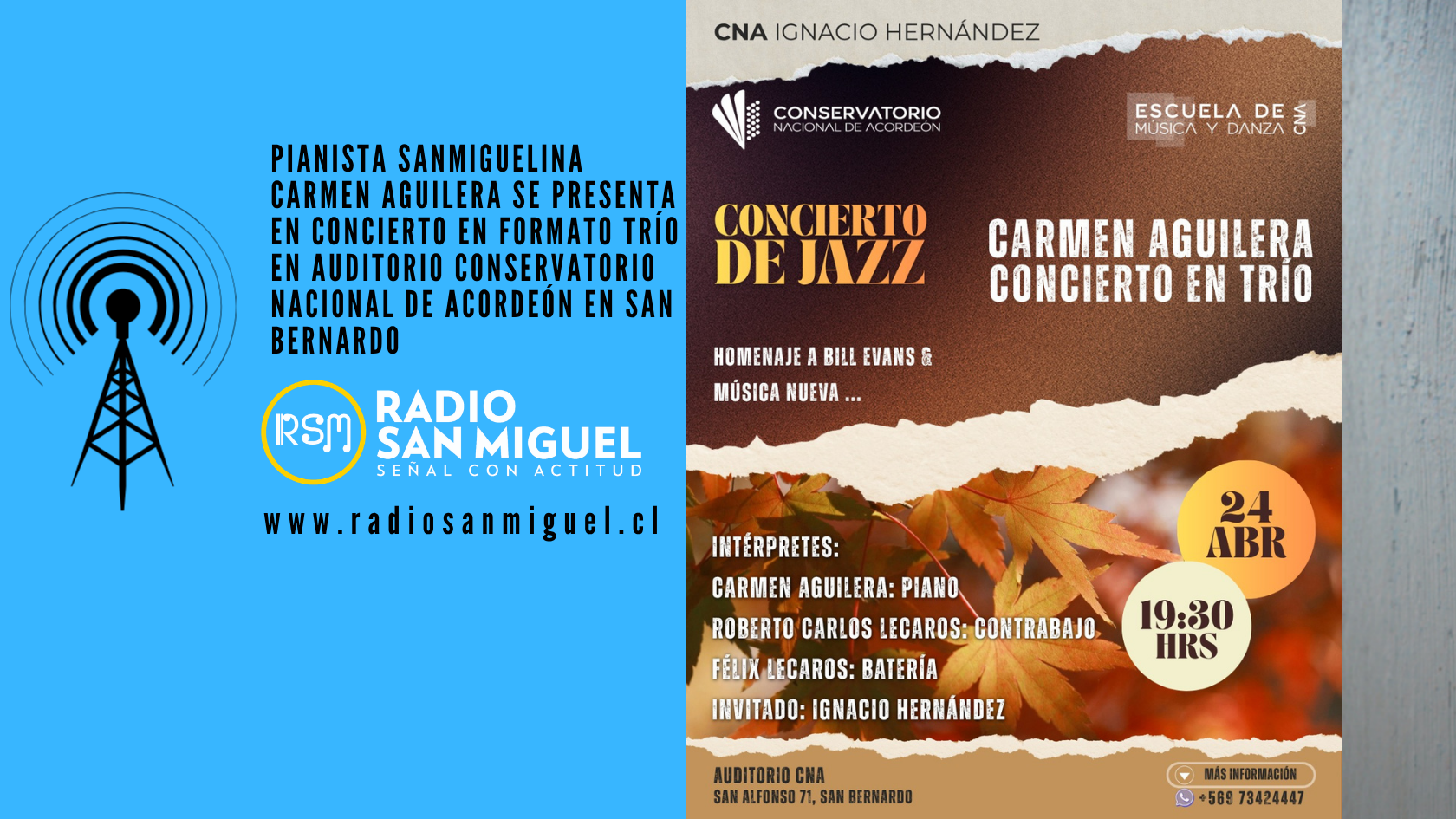 Pianista sanmiguelina Carmen Aguilera se presenta en concierto en formato trío en auditorio CNA en San Bernardo.